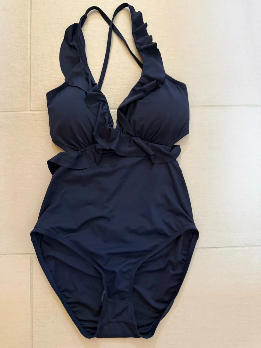 Michael Kors Navy Ruffle Cross-Back One-Piece Swimsuit
